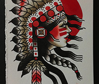 dibujo de chica india en blanco, negro y rojo