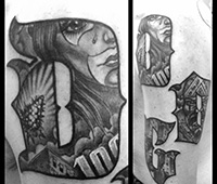 tatuaje en blanco y negro en los brazos: letras