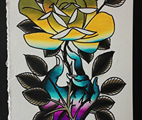 dibujo de una flor amarilla con una maño azul y rosa